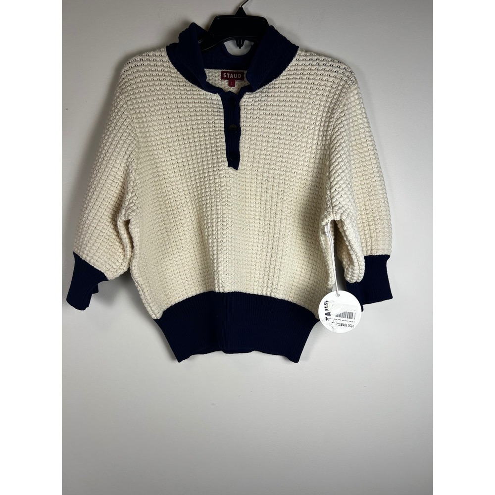 STAUD Altea Cream Navy Waffle Knit Polo Sweater Size L NWT